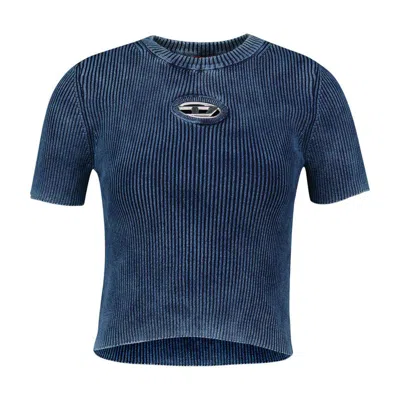 Diesel Ribbed Short-sleeve T-shirt With Metallic Logo Detail In Blue