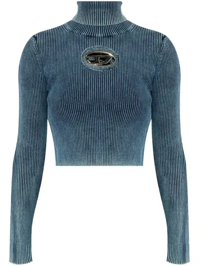 Diesel Cropped Turtleneck Sweater Ribbed Texture In Blue