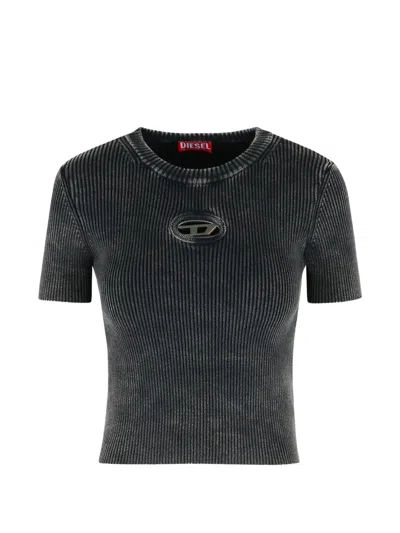 Diesel Ribbed Short-sleeve Crop Top With Metallic Logo Detail In Gray