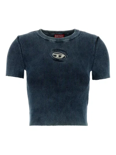 Diesel Ribbed Knit Cropped Sweater With Round Neckline In Blue
