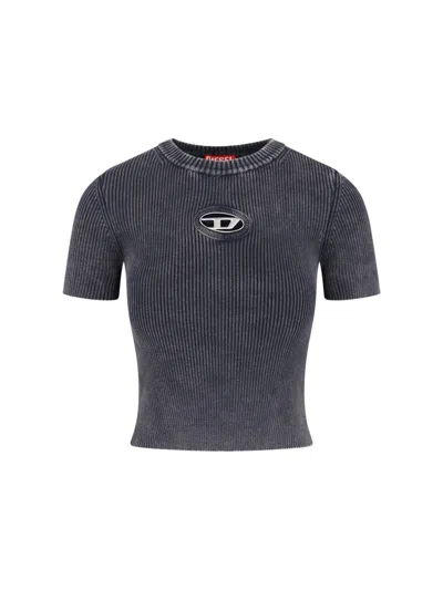 Diesel Ribbed Short-sleeve Crop Top With Metallic Logo Detail In Gray