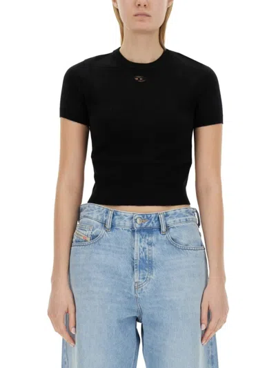 Diesel Slim Ribbed T-shirt With Metallic Oval D In Black