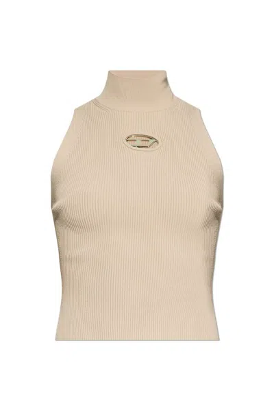 Diesel M-onervax-top Powder Pink Ribbed Knit Turtleneck Top - M Onervax Top In Beige