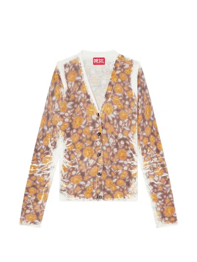 Diesel M-blomien Floral Ribbed V-neck Cardigan In Brown