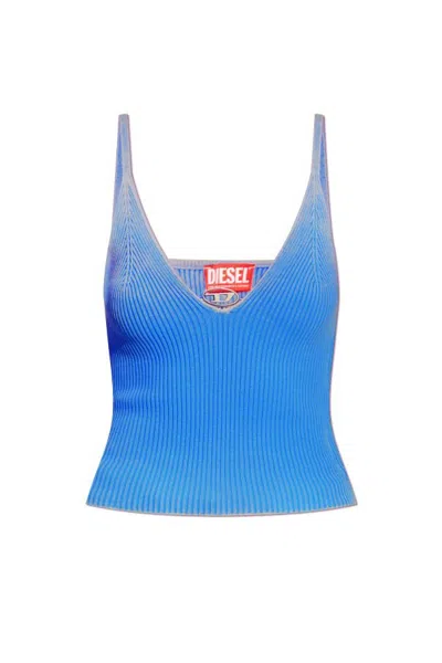 Diesel M-laila V-neck Fine Ribbed Tank Top In Blue