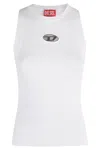 Diesel Sleeveless Round Neck Top With Ribbed Knit And Metallic Logo In White