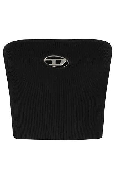 Diesel Cropped Black Top With Ribbed Texture