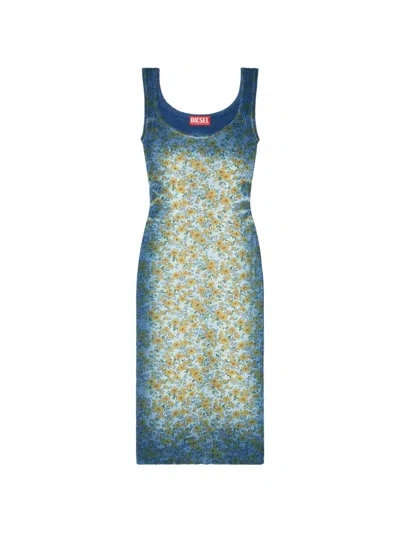 Diesel M-egita Ribbed Floral-print Midi Dress In Blue