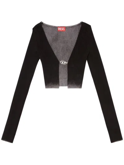 Diesel M-latina Cropped Cardigan In Faded Ribbed Knit In Black