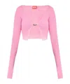 Diesel Ribbed Cropped Sweater With Iconic Closure Detail In Pink