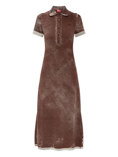 Diesel M-lourens Half-buttoned Polo-collar Midi Dress In Brown