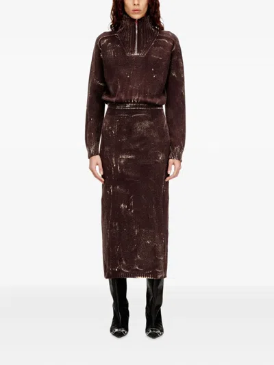 Diesel M-marcelle Zipped Turtleneck Midi Dress In Brown