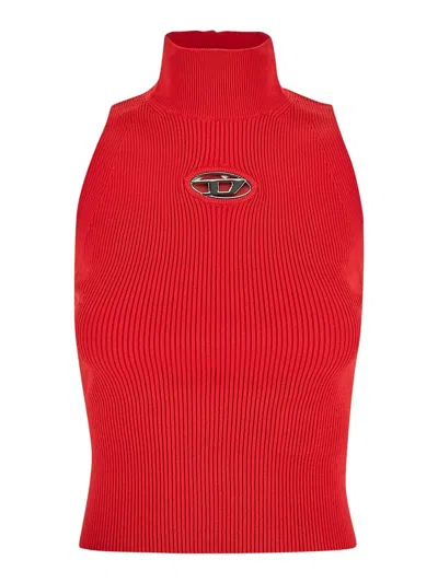 Diesel M-onervax Ribbed-knit Turtleneck Top In Red
