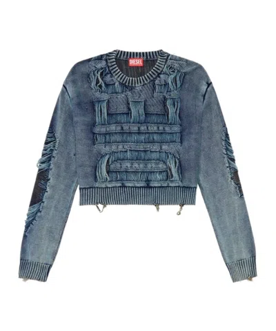 Diesel Destroyed Jumper With Floating Yarn Logo In Blue
