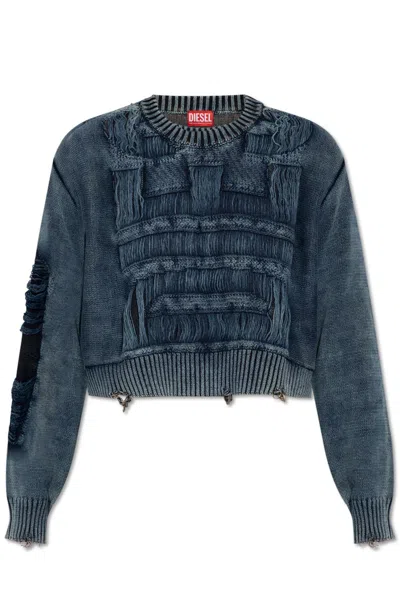 Diesel Destroyed Jumper With Floating Yarn Logo In Blue