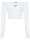 Diesel Cropped Ribbed Knit Boat Neck Sweater In White