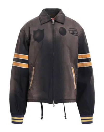 Diesel Man Jacket Navy Size 42 Cotton, Polyester, Cow Leather, Elastane In Navy Blue
