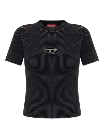 Diesel Cropped Washed Black T-shirt With Metallic Oval D Women