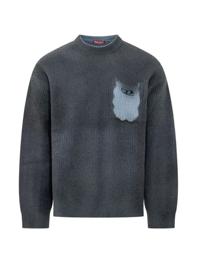 Diesel Medium Grey Ribbed Crew Neck Sweater In Animal Print