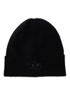 Diesel Men Black Beanie With D-logo Patch In Wool Man In Black