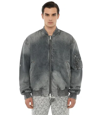 Diesel Men Blue Distressed Bomber Jacket In Gray