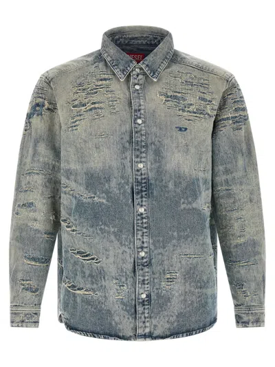 Diesel Men Blue Regular Distressed Shirt In Animal Print