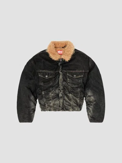 Diesel Curly Faux-fur Collar Denim Jacket In Black