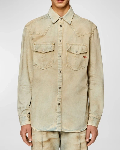 Diesel D-ocean Western Cotton & Hemp Denim Snap-up Shirt In Beige