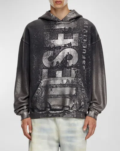 Diesel Men's Distressed Metallic Logo Hoodie In Black