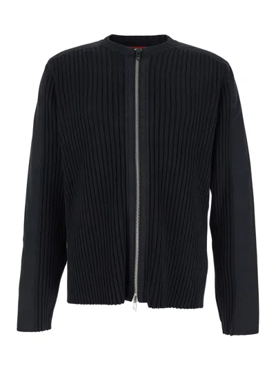 DIESEL DIESEL MEN 'K-MATTY' BLACK CREWNECK RIBBED KNIT SWEATSHIRT WITH FRONT ZIP CLOSURE IN COTTON MAN