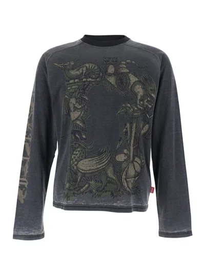 Diesel Men Grey Crew Neck T-shirt With Long Sleeves And Front Print In Cotton Man In Multi