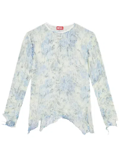 Diesel Dishevelled Knit Jumper With Floral Print In Blue