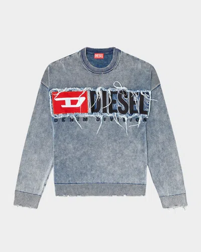 DIESEL MEN'S K-FRONZI FRAYED DENIM LOGO CREWNECK SWEATER