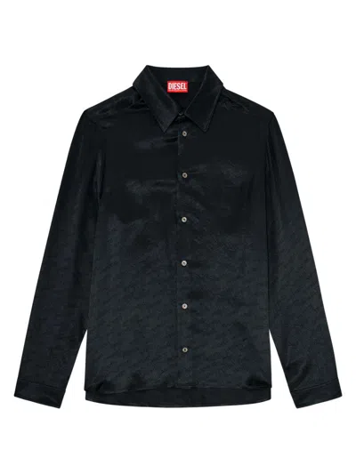 Diesel Shirt In Logo-jacquard Crinkled Satin In Blue