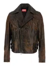 Diesel Men 'l-eon' Brown Biker Jacket With Classic Wide Lapel And Distressed Look In Leather Man In Multi