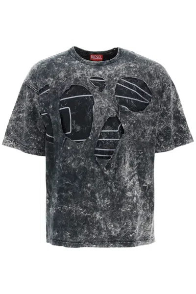 DIESEL MEN'S MARBLED COTTON DESTROYED T-SHIRT WITH PEEL