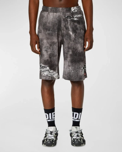 Diesel P-ston Printed Jersey Shorts In Black