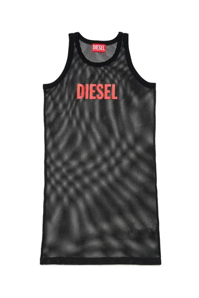 Diesel Kids' Mesh Dress With Printed Logo In Black