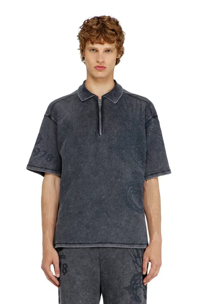 Diesel Mesh-jacquard Polo Shirt With Phoenix Print In Gray