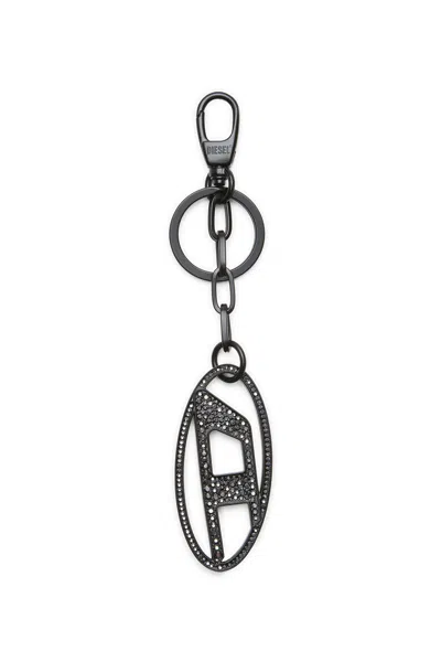 Diesel Metal Oval D Keyring With Crystals In Black