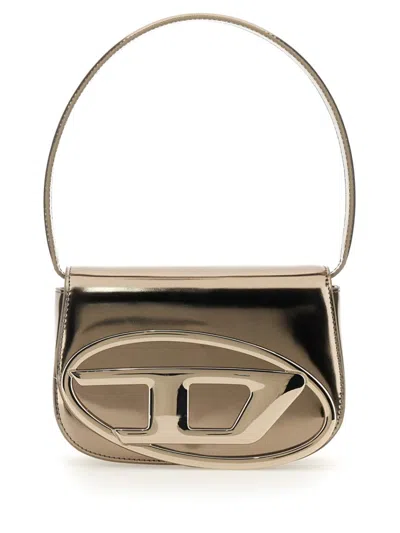 Diesel Metallic Finish Shoulder Bag With Distinctive Oval Logo In Gold
