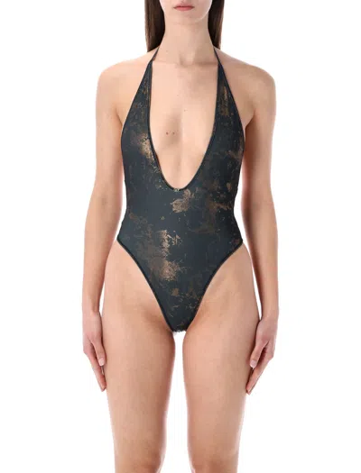 Diesel Metallic Plunge Halter Thong One-piece Swimsuit In Black