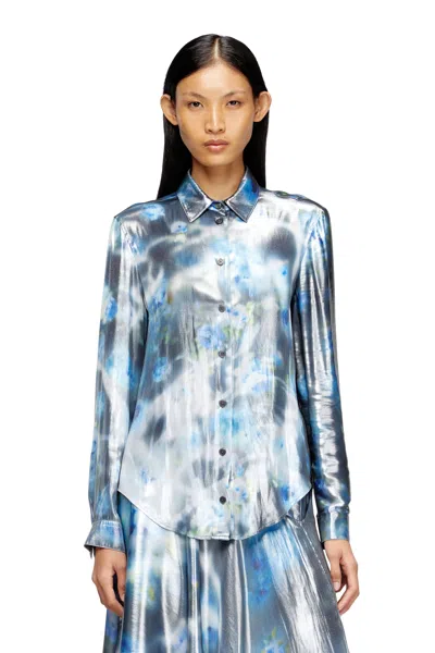Diesel Metallic Shirt With Blurred Roses Print In Blue
