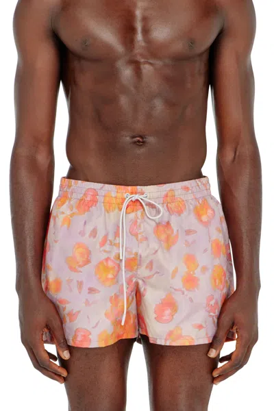 Diesel Metallic Swim Shorts With Floral Print In Orange
