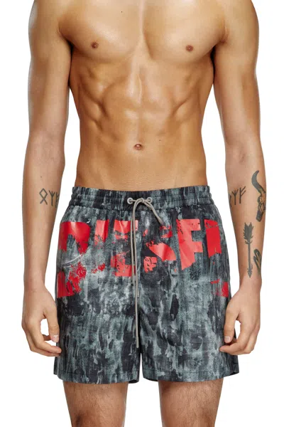 Diesel Mid-length Swim Shorts With Graphic Print In Black