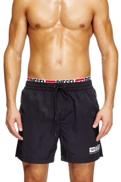 Diesel Mid-length Swim Shorts With Logo Print In Black