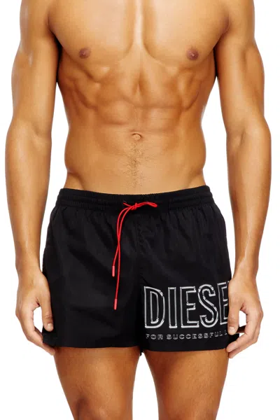 Diesel Mid-length Swim Shorts With Outline Logo In Black