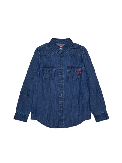 Diesel Mini Cotton Denim Shirt For Boys In Blue