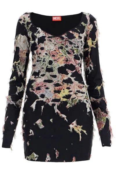 Diesel Long Sleeved D-floci Sheath Dress With Floral Details In Black