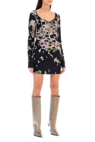 Diesel Long Sleeved D-floci Sheath Dress With Floral Details In Black